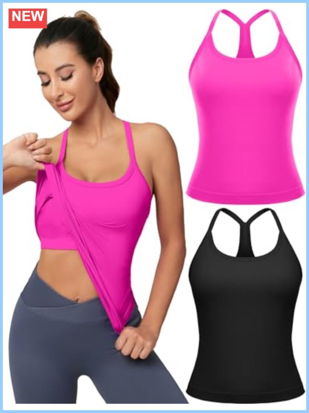 2 Pack Women's Seamless Racerback Tank Tops Built in Bra Workout